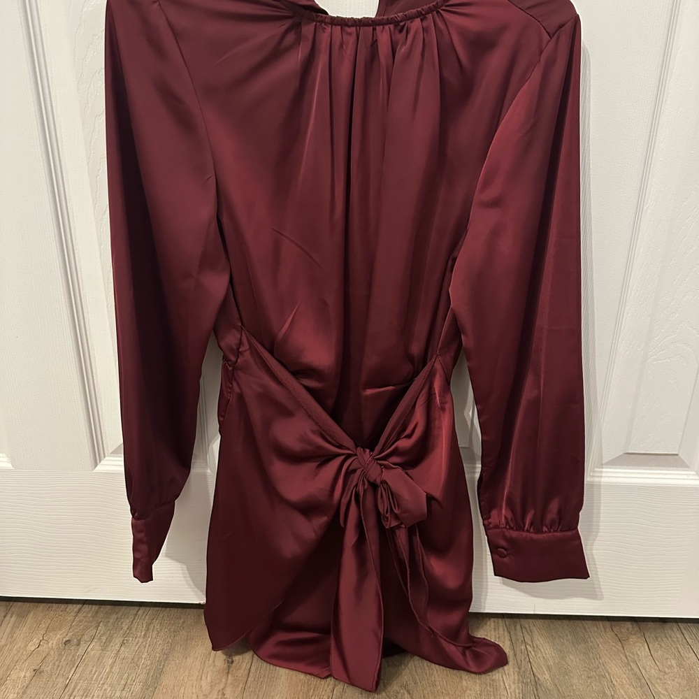 Satin wine red wrap long sleeve dress